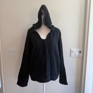 Lotus & Luna Womens Black Cotton Gauze Hooded Pullover Boho Beach Hoodie Size M